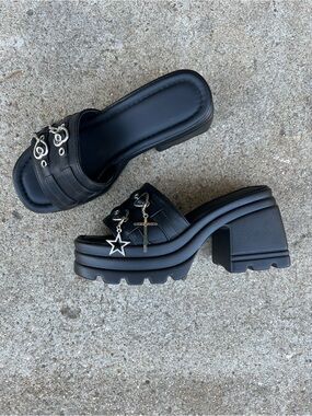 Black Platform Slide Heels with Star & Cross Charms